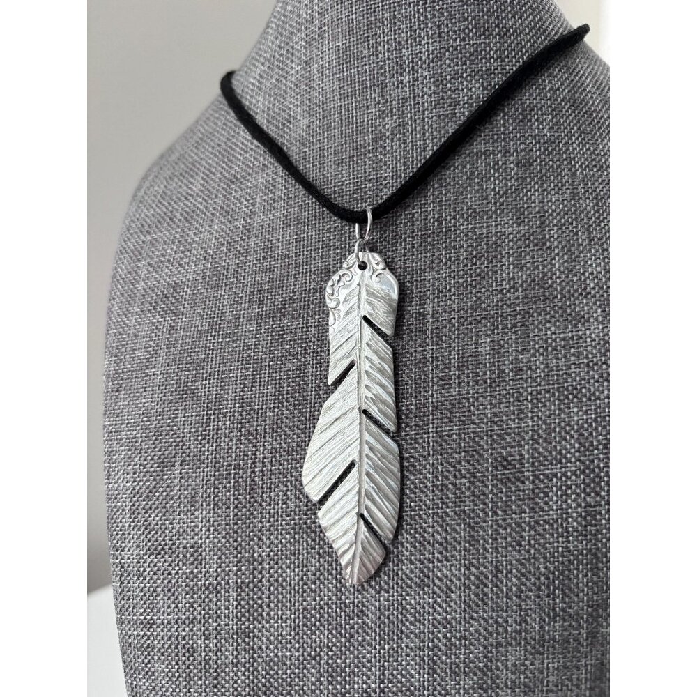 Upcycled Antique Silverware Feather Pendant Necklace: Bohemian Flatware Jewelry